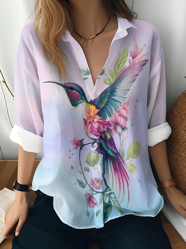 1pc Women'S Casual Long Sleeve Polyester Blend V-Neck Printed Blouse, Spring\u002FAutumn Fashion Top with Vibrant Floral and Hummingbird Design