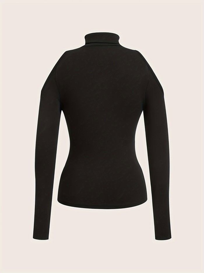 Elegant Off-Shoulder Long Sleeve High Neck Women's T-Shirt - Slim Fit, Stretchy Polyester Blend, Machine Washable, Solid Black, Elegant Women's Wear|High Neck Tshirt|Nolining