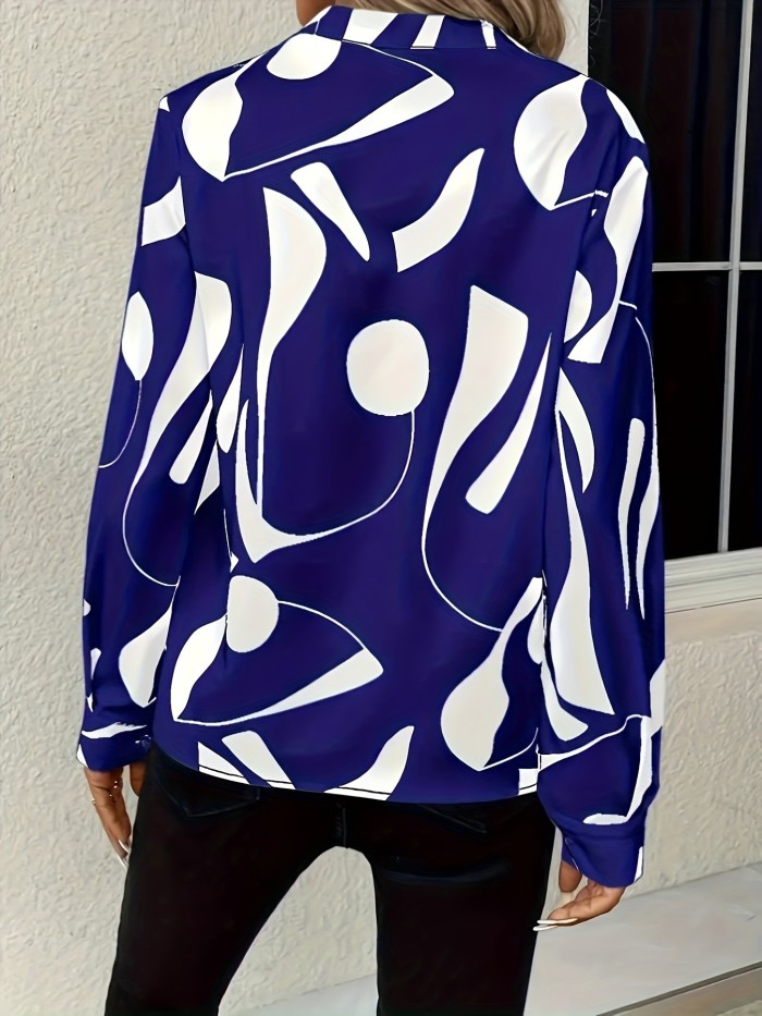 Elegant Green V-Neck Blouse with Black Geometric Patterns - Long Sleeve, Polyester, Machine Washable - Ideal for Spring\u002FSummer\u002FFall Fashion