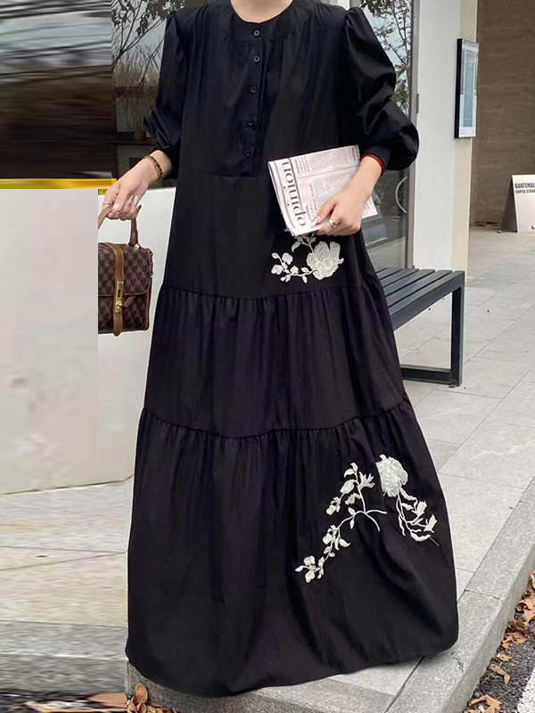 High Waisted Long Sleeves Buttoned Embroidered Pleated Pockets Split-Joint Tied Waist Round-Neck Maxi Dresses