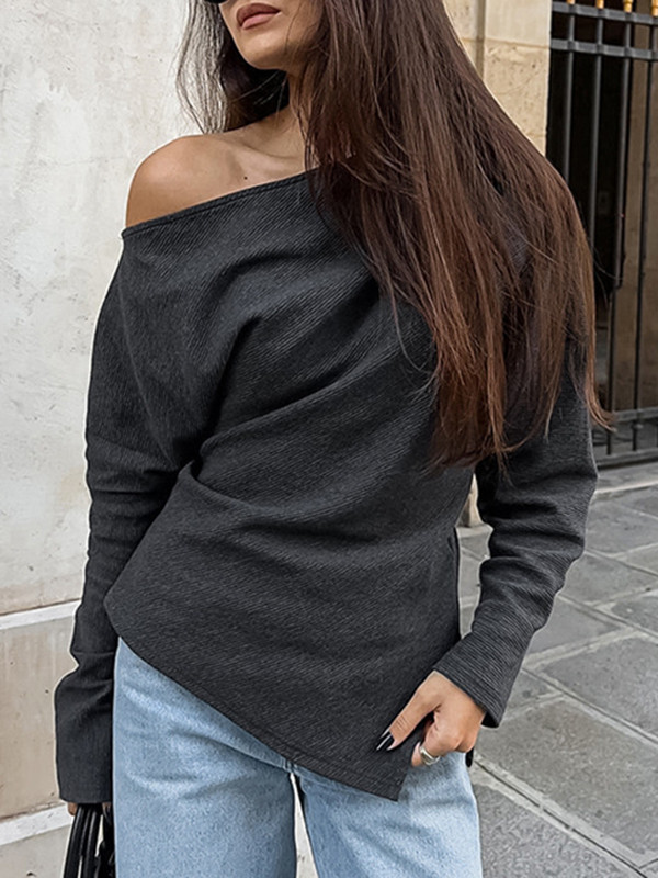 Long Sleeves Loose Solid Color Split-Side One-Shoulder T-Shirts Tops