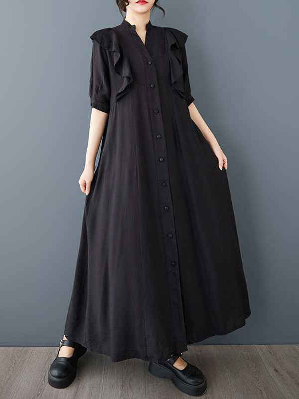 A-Line Half Sleeves Buttoned Ruffle Trim Solid Color V-Neck Midi Dresses