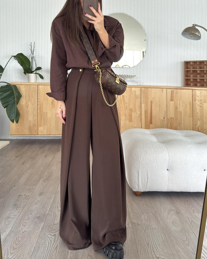 Solid Commuter Lappel Shirt & Pants Two-Piece Set