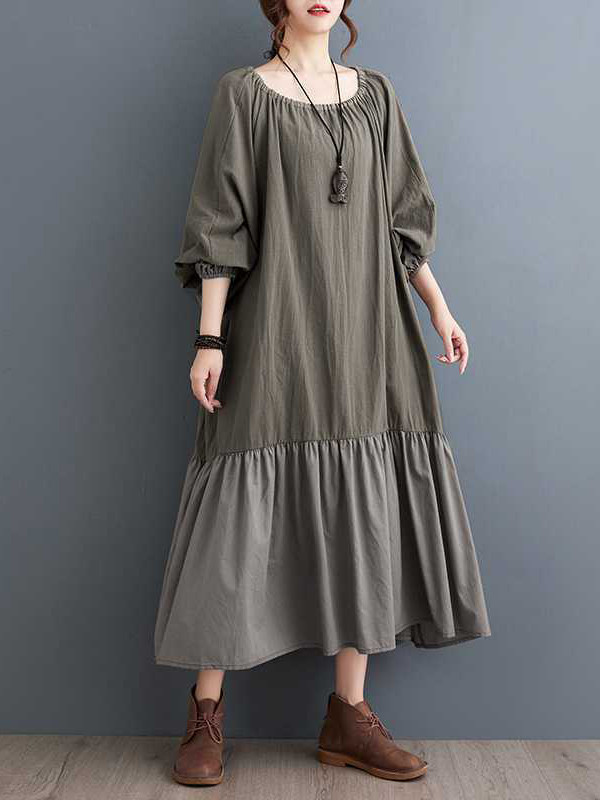 A-line Loose Elasticity Pleated Split-Joint Round-neck Midi Dresses