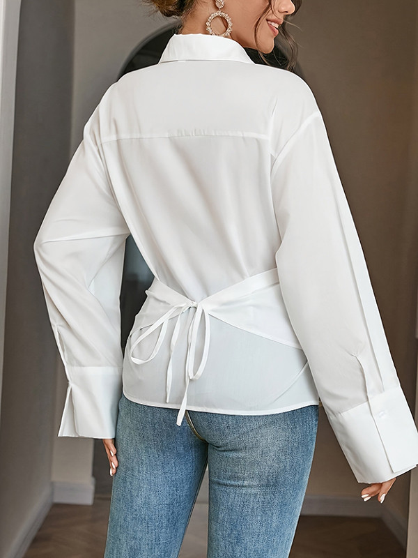 Long Sleeves Loose Buttoned Solid Color Tied Lapel Blouses&Shirts Tops