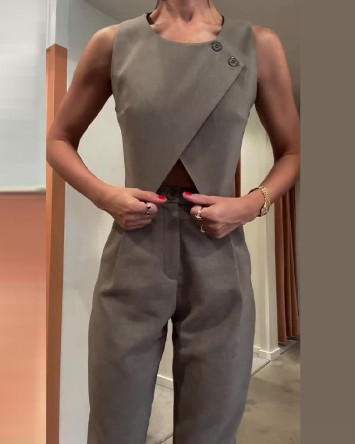 Solid Crewneck Top & Pants Two-Piece Set