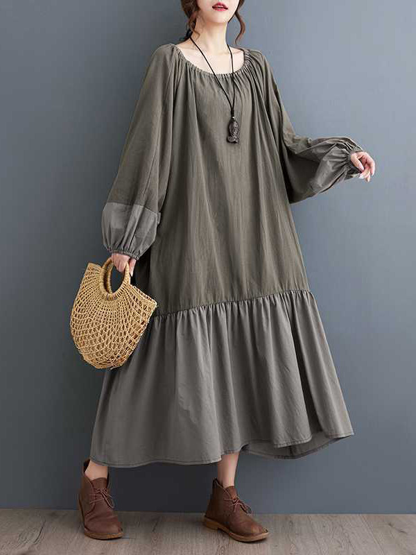 A-line Loose Elasticity Pleated Split-Joint Round-neck Midi Dresses