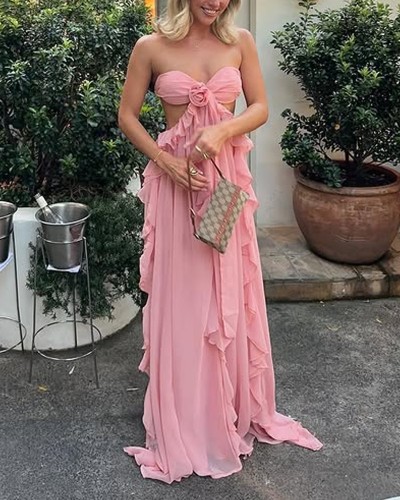 Elegant Ruffle Strapless Flower Dress