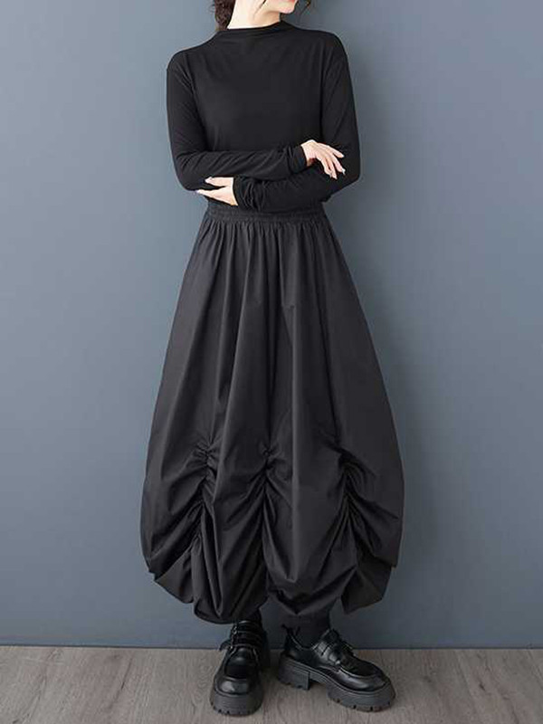 Loose Wide Leg Elasticity Pleated Pockets Solid Color Culotte Ninth Pants