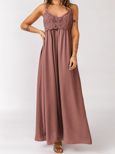 A-Line Loose Elasticity Pleated Solid Color Spaghetti-Neck Maxi Dresses