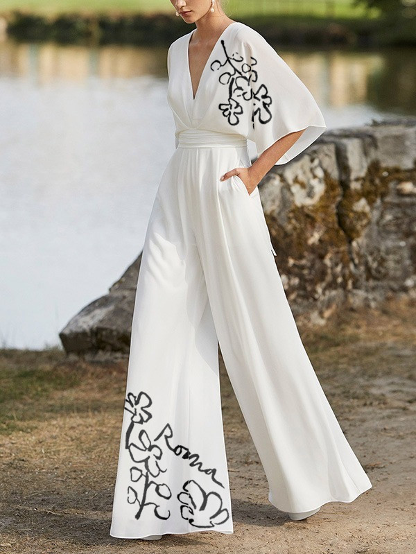 Half Sleeves High Waisted Flower Print Pleated Pockets Deep V-Neck Jumpsuits