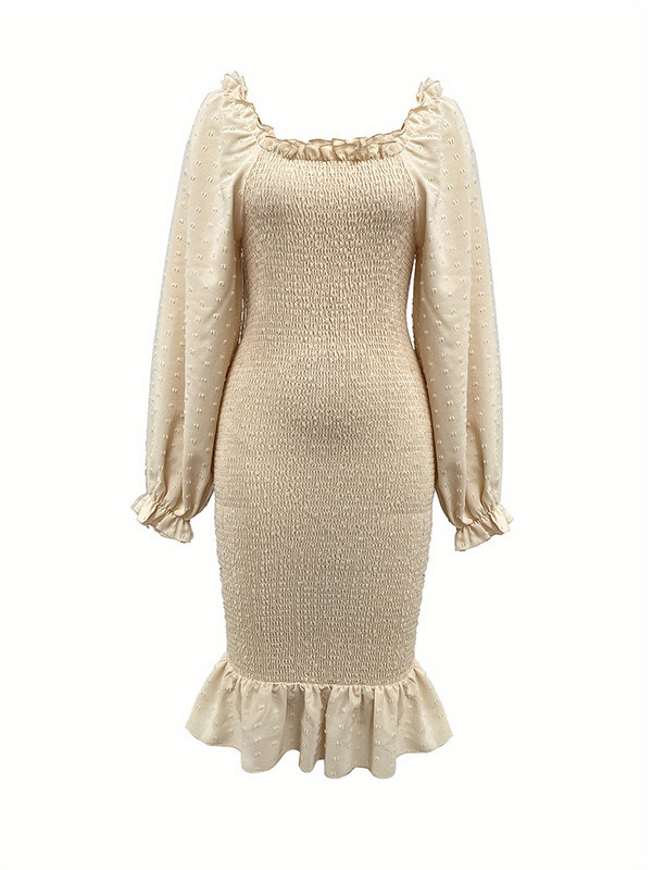 Bodycon Long Sleeves Elasticity Pleated Ruffle Trim Solid Color Square-Neck Midi Dresses