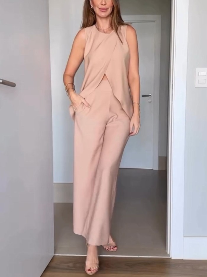 Casual sleeveless slit two-piece set
