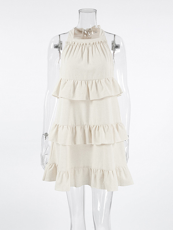 A-line Loose Ruffle Trim Solid Color Tied Zipper Spaghetti-Neck Mini Dresses