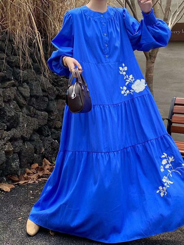 High Waisted Long Sleeves Buttoned Embroidered Pleated Pockets Split-Joint Tied Waist Round-Neck Maxi Dresses