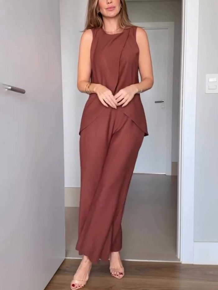 Casual sleeveless slit two-piece set