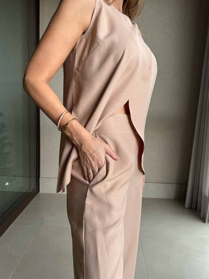 Casual sleeveless slit two-piece set