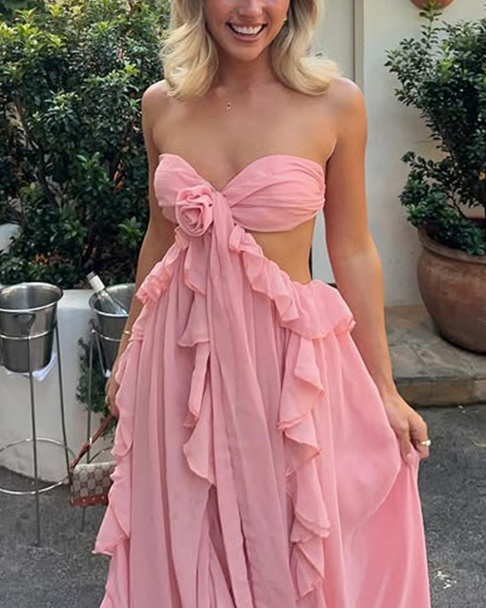 Elegant Ruffle Strapless Flower Dress