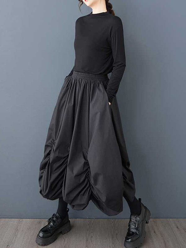 Loose Wide Leg Elasticity Pleated Pockets Solid Color Culotte Ninth Pants