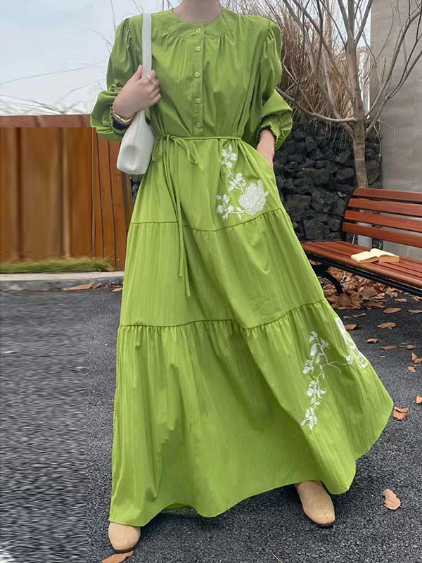 High Waisted Long Sleeves Buttoned Embroidered Pleated Pockets Split-Joint Tied Waist Round-Neck Maxi Dresses