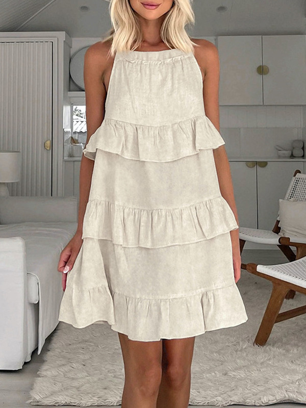 A-line Loose Ruffle Trim Solid Color Tied Zipper Spaghetti-Neck Mini Dresses