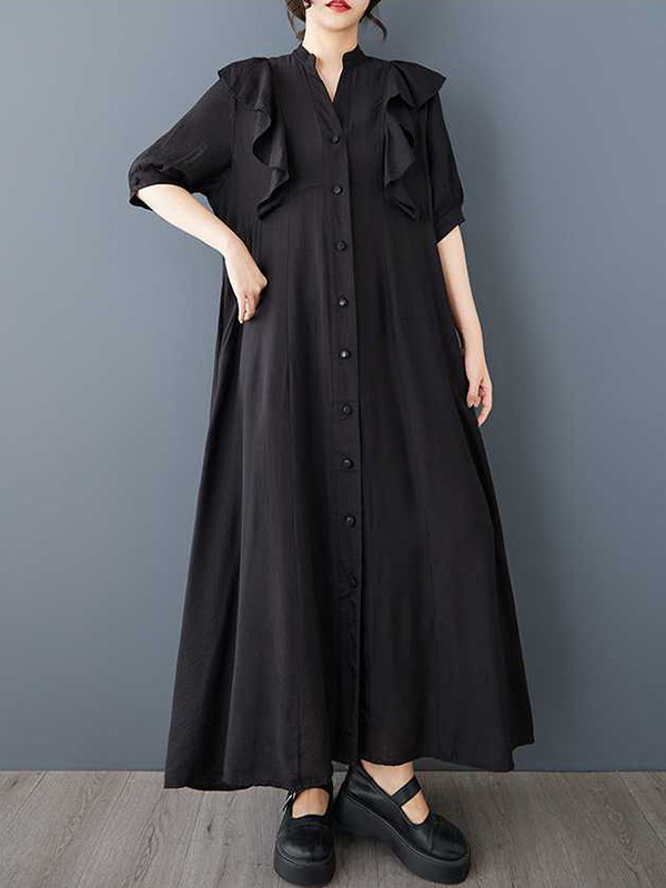 A-Line Half Sleeves Buttoned Ruffle Trim Solid Color V-Neck Midi Dresses