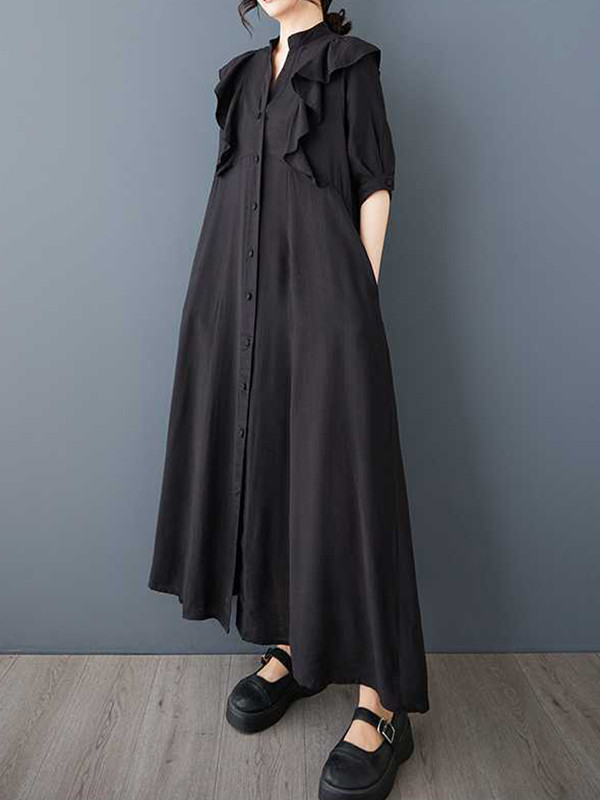 A-Line Half Sleeves Buttoned Ruffle Trim Solid Color V-Neck Midi Dresses