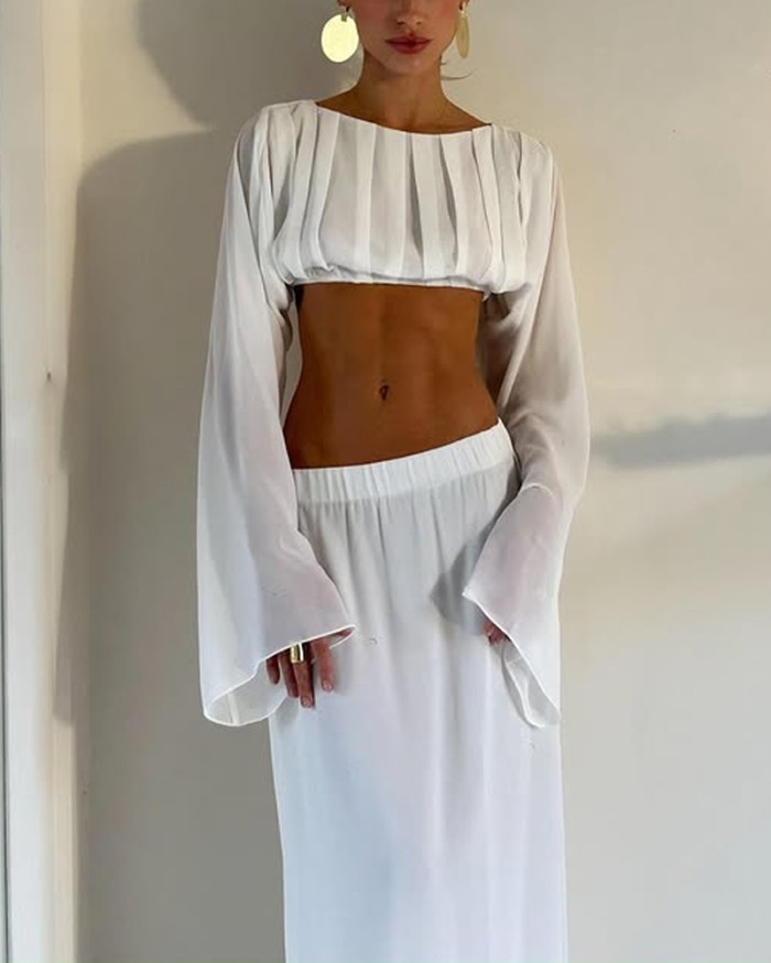 Solid Color Flared Sleeve Short Shirt & Skirt Two-Piece Set