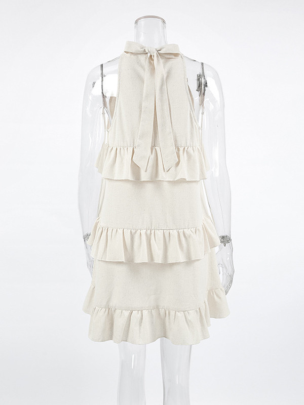 A-line Loose Ruffle Trim Solid Color Tied Zipper Spaghetti-Neck Mini Dresses