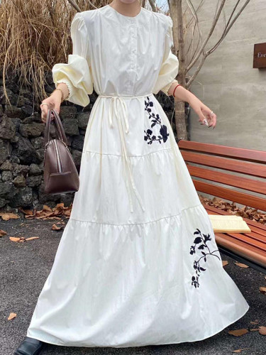 High Waisted Long Sleeves Buttoned Embroidered Pleated Pockets Split-Joint Tied Waist Round-Neck Maxi Dresses