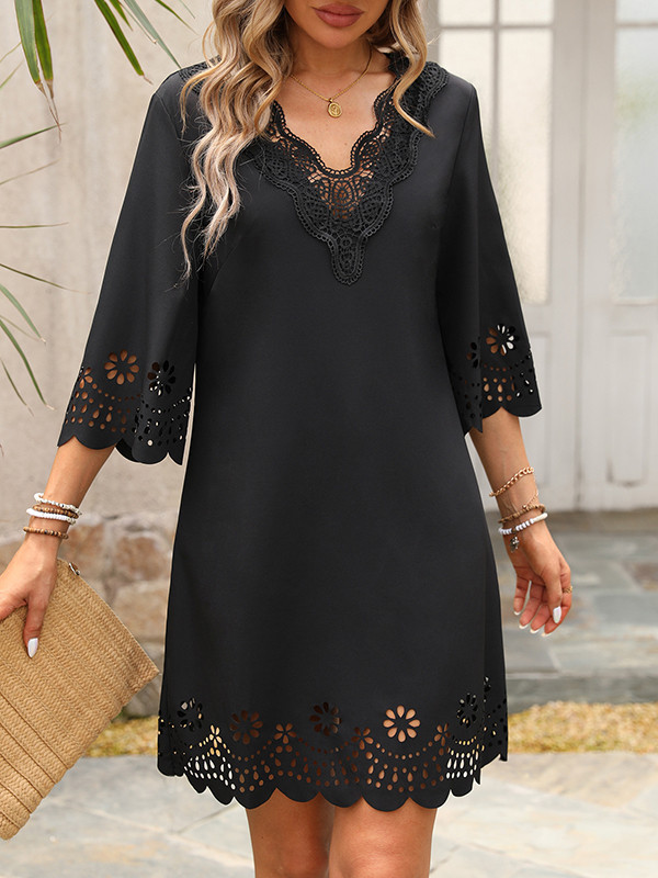 A-Line Half Sleeves Hollow Solid Color Split-Joint V-Neck Mini Dresses