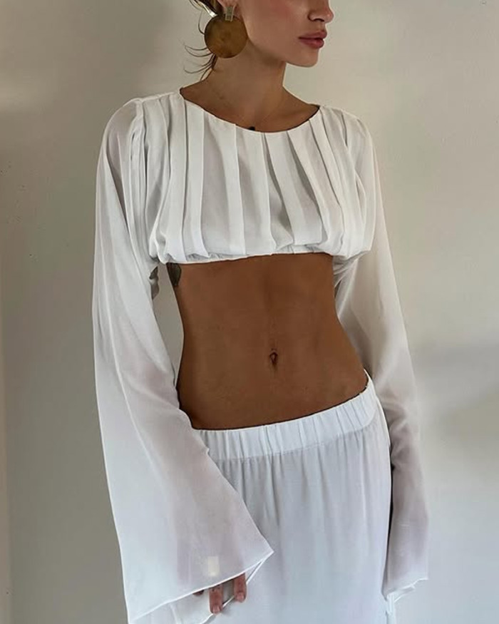 Solid Color Flared Sleeve Short Shirt & Skirt Two-Piece Set