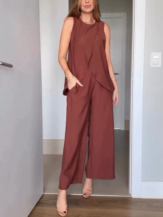 Casual sleeveless slit two-piece set