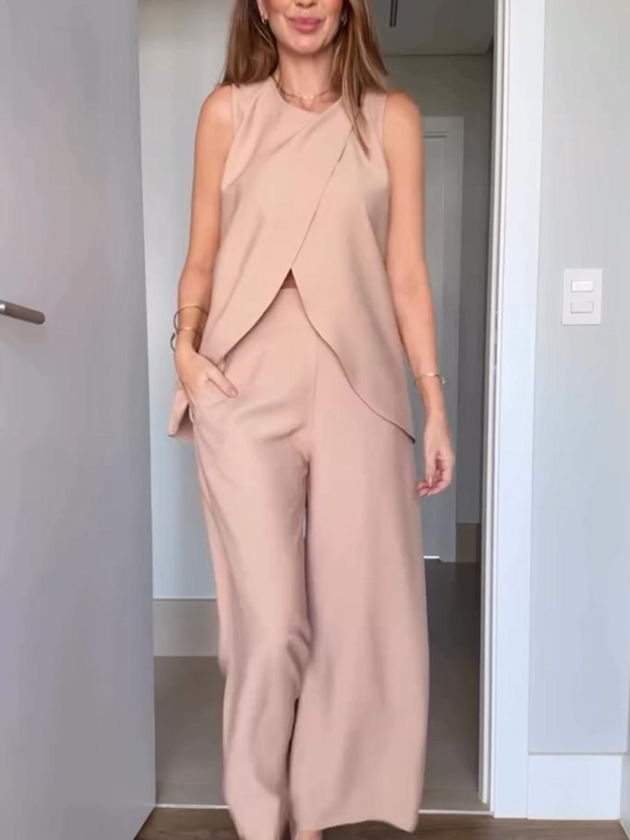 Casual sleeveless slit two-piece set