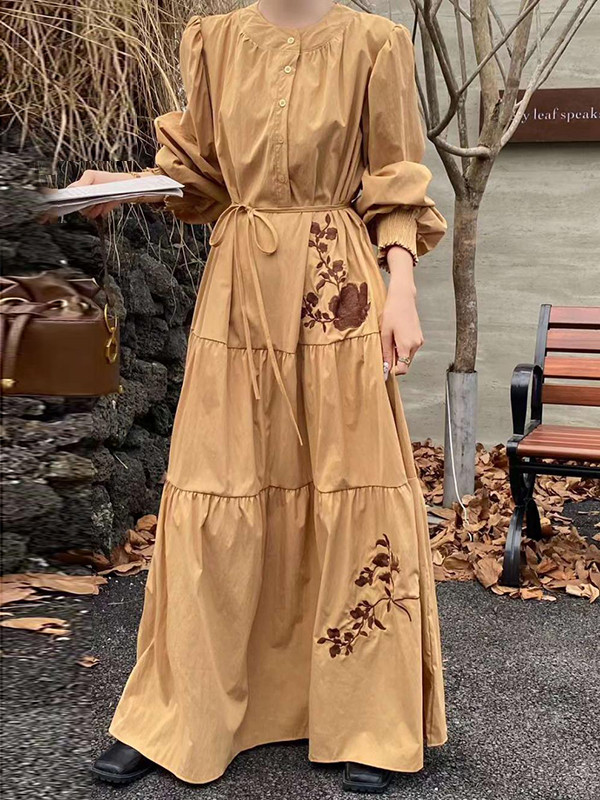 High Waisted Long Sleeves Buttoned Embroidered Pleated Pockets Split-Joint Tied Waist Round-Neck Maxi Dresses