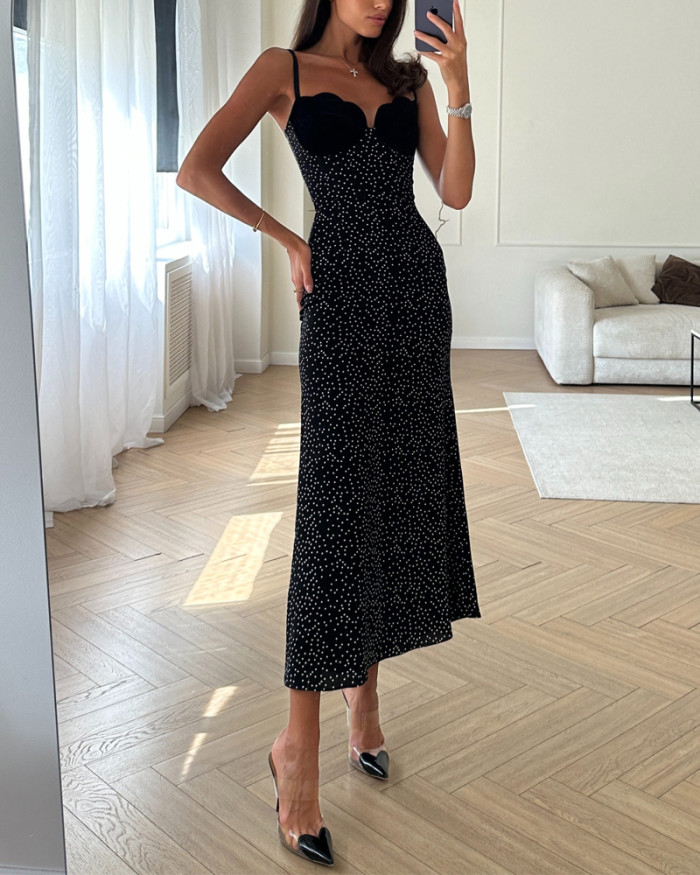 Elegant Velvet Stitching Wave Dot Printing Dress
