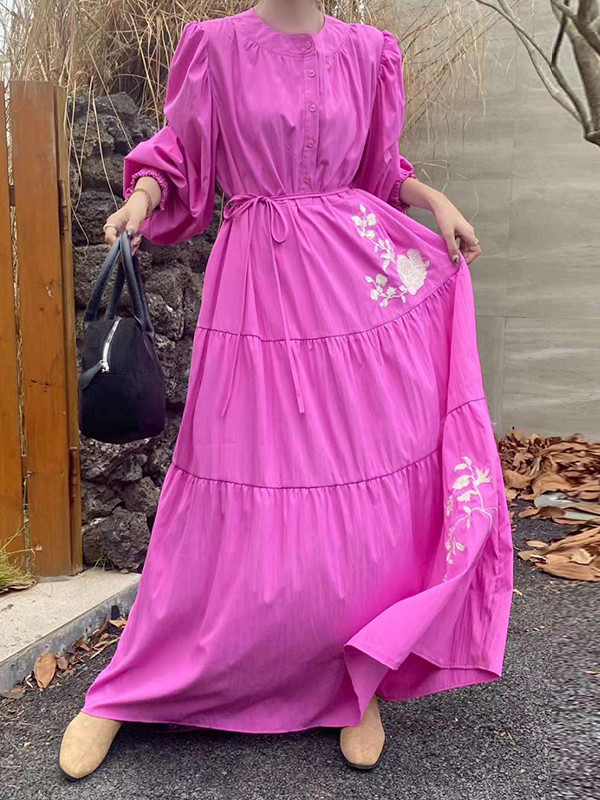 High Waisted Long Sleeves Buttoned Embroidered Pleated Pockets Split-Joint Tied Waist Round-Neck Maxi Dresses