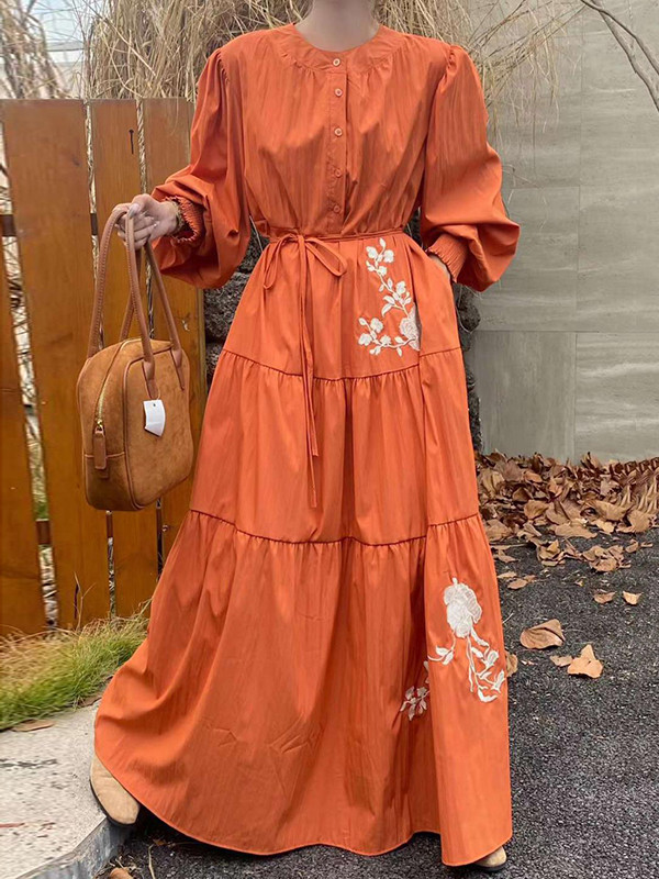 High Waisted Long Sleeves Buttoned Embroidered Pleated Pockets Split-Joint Tied Waist Round-Neck Maxi Dresses