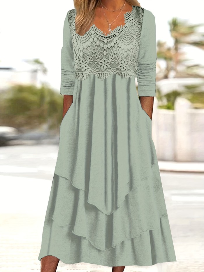 Long Sleeve Lace Midi Dress Women's Long Sleeve V-neck Lace Solid Color Midi Dress