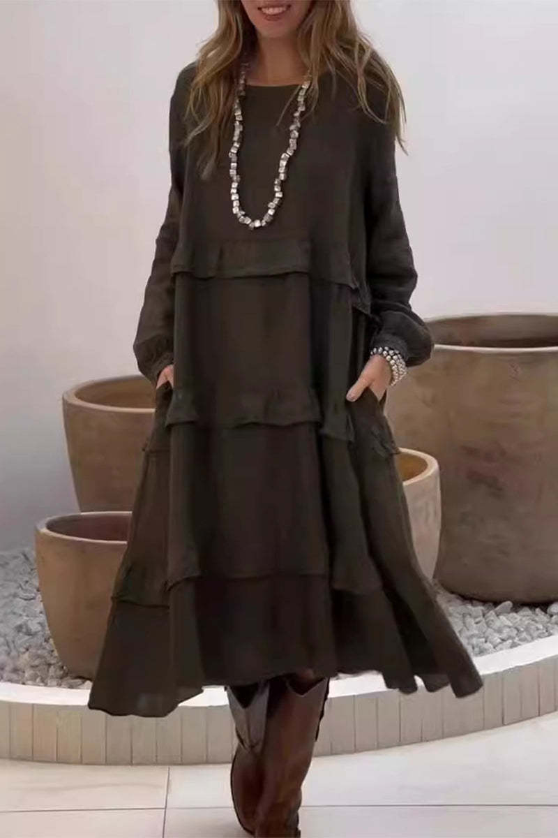 Casual Color Lump Draw String Pocket V Neck A Line Dresses(4 Colors) main image 0