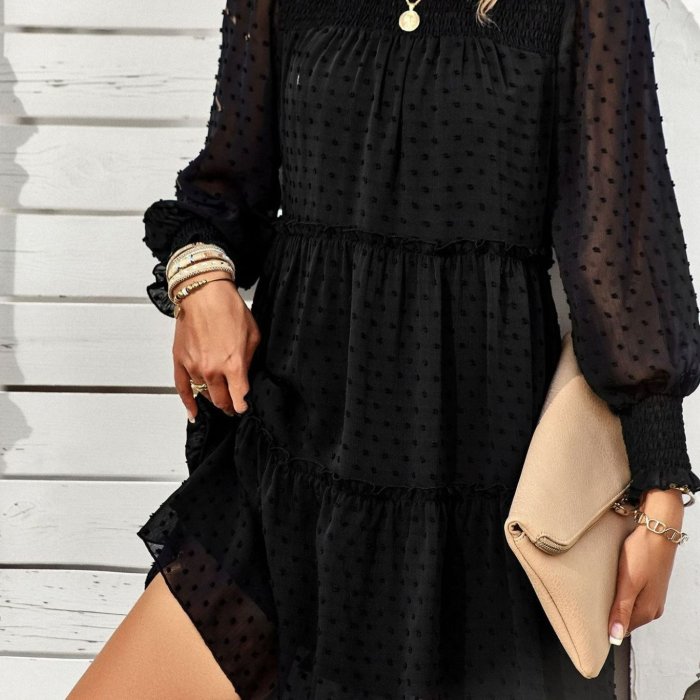 Elegant Women's Spring\u002FSummer Chiffon Smocked Jacquard Panel Dress, Sophisticated and Stylish