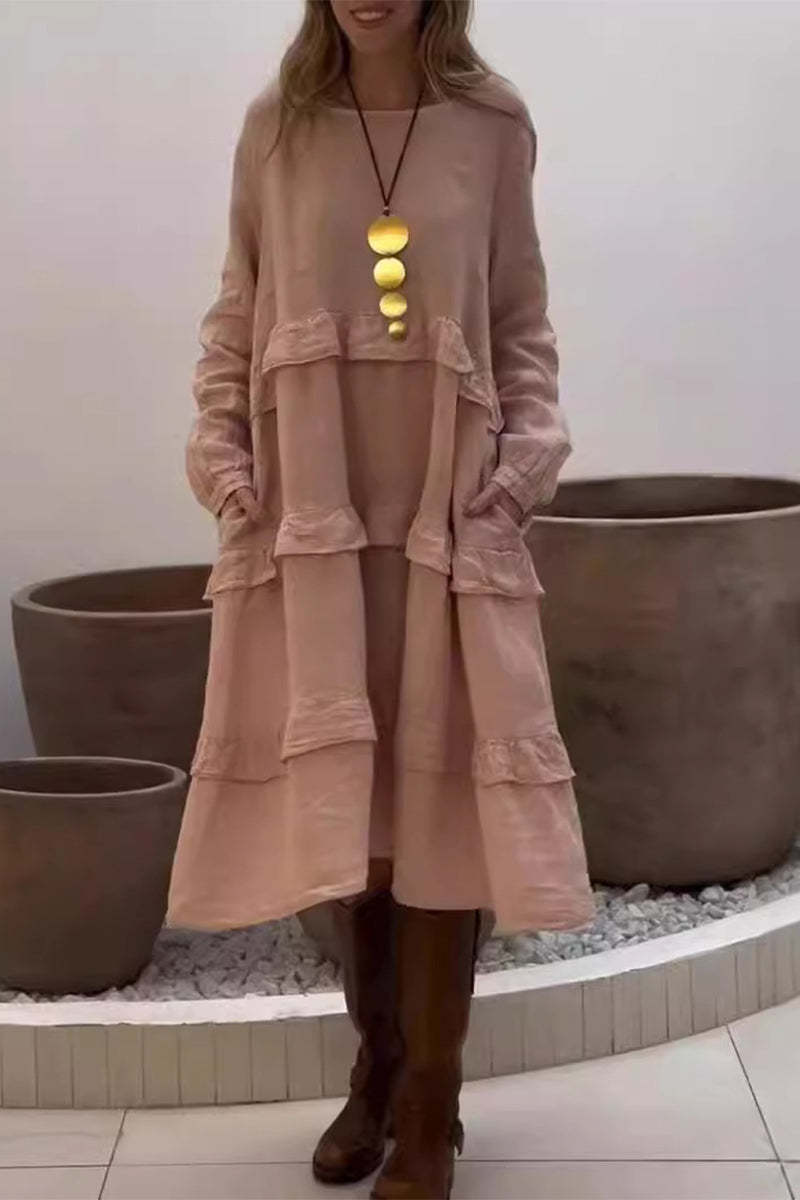 Casual Solid Pocket Buckle O Neck A Line Dresses main image 0