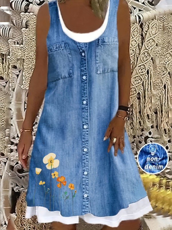 Plus Size Casual Dress, Women's Plus Floral & Denim Print Round Neck Loose Tank Dress