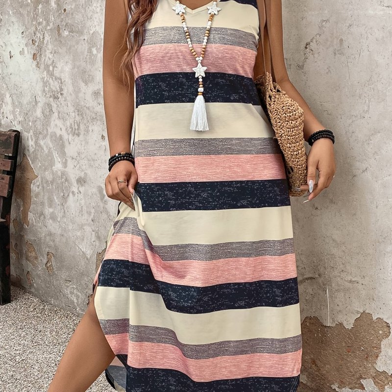 Fitted V-Neck Striped Sleeveless Dress 1pc Elegant Plus Size Striped Sleeveless V-Neck Dress, 100% Polyester Knit Fabric, Casual Alphabet Pattern, All-Season Fitted Midi Dress for Women