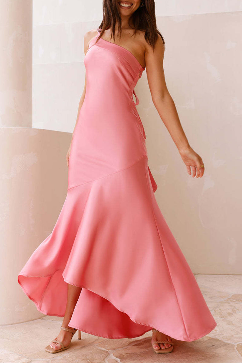 Elegant Asymmetrical Belted Ruffled Sloping Shoulder Evening Dress