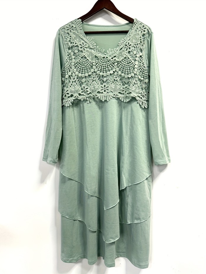 Long Sleeve Lace Midi Dress Women's Long Sleeve V-neck Lace Solid Color Midi Dress