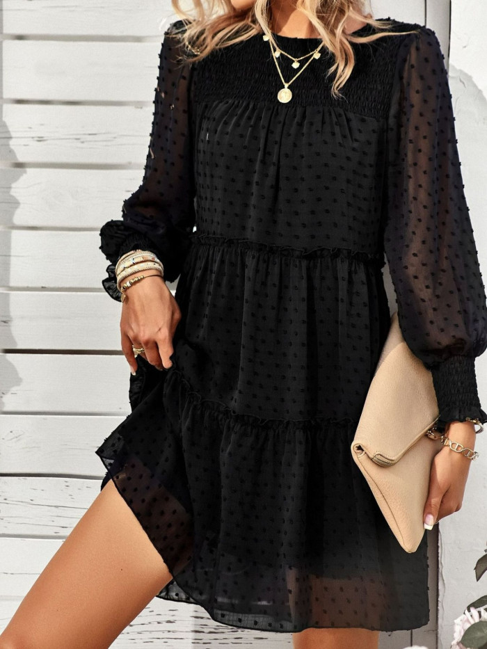 Elegant Women's Spring\u002FSummer Chiffon Smocked Jacquard Panel Dress, Sophisticated and Stylish