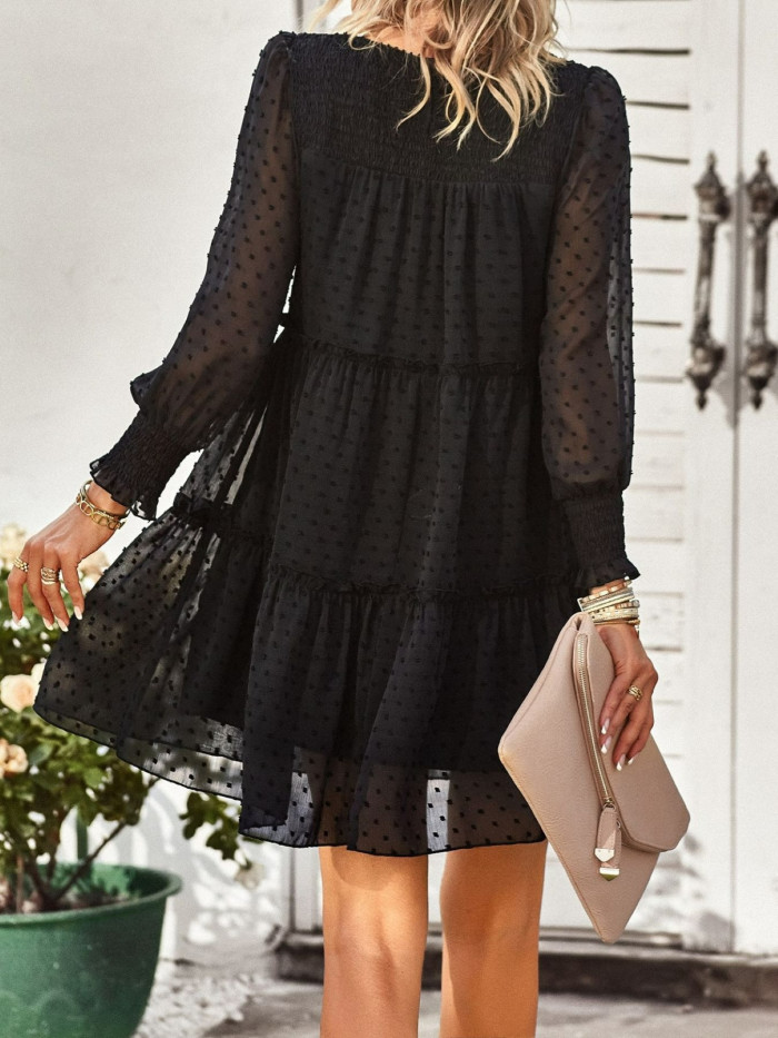 Elegant Women's Spring\u002FSummer Chiffon Smocked Jacquard Panel Dress, Sophisticated and Stylish