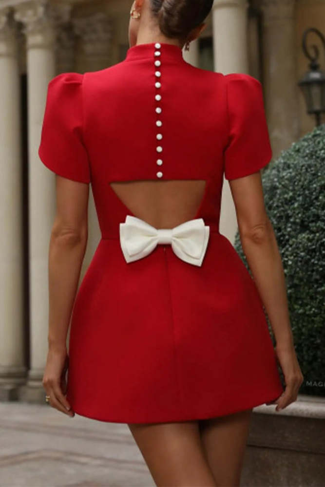 Elegant Bow Patchwork Pearls Decor Half A Turtleneck A Line Dresses(3 Colors)