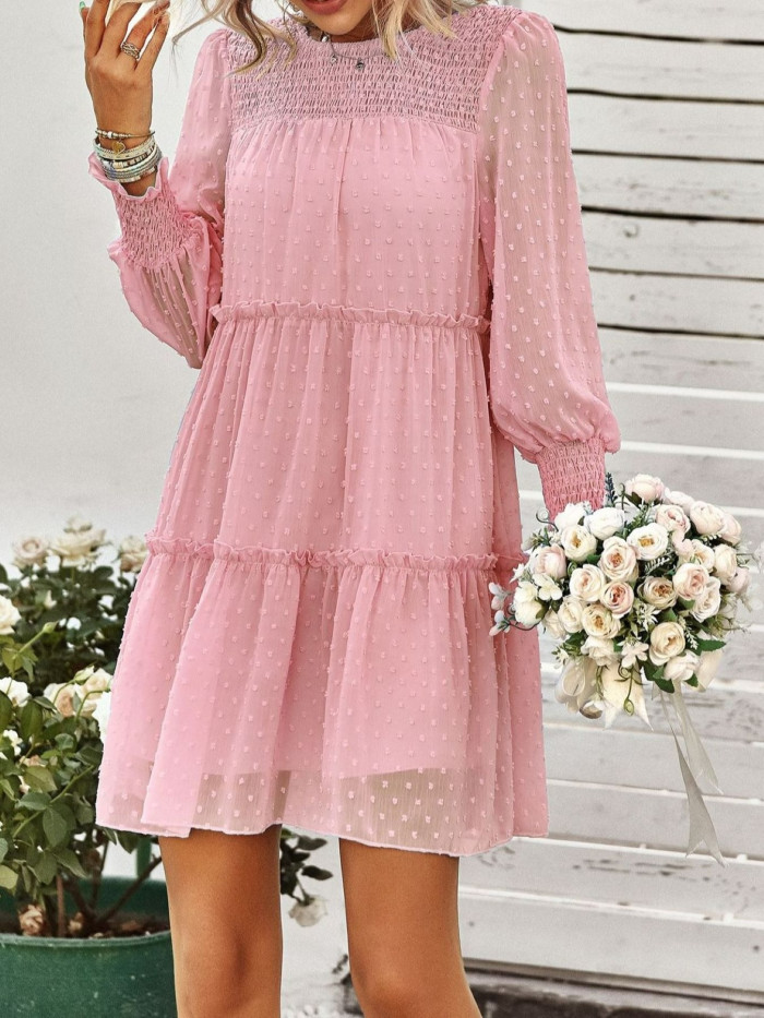 Elegant Women's Spring\u002FSummer Chiffon Smocked Jacquard Panel Dress, Sophisticated and Stylish
